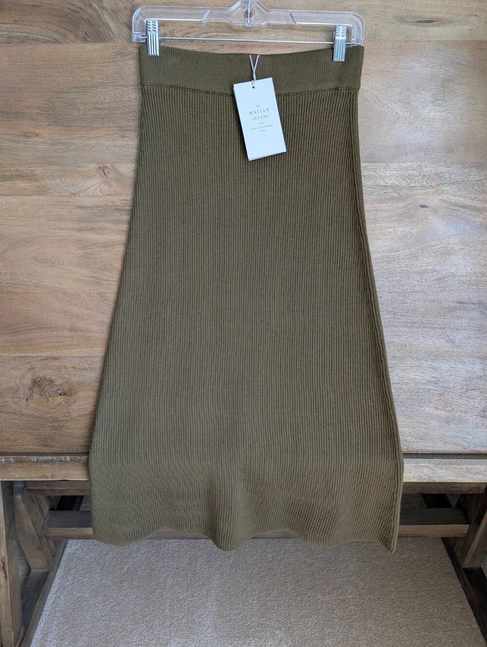Sezane Jupe Naelle Knit Skirt Womens M Khaki Green Ribbed Pull On NWT